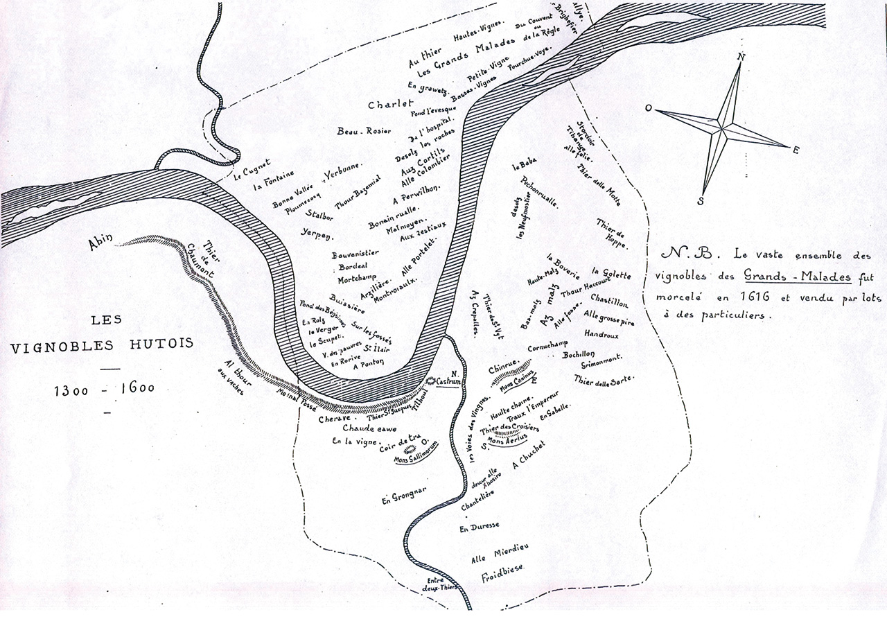 Carte des vignobles ayant existé à Huy entre 1300 et 1600